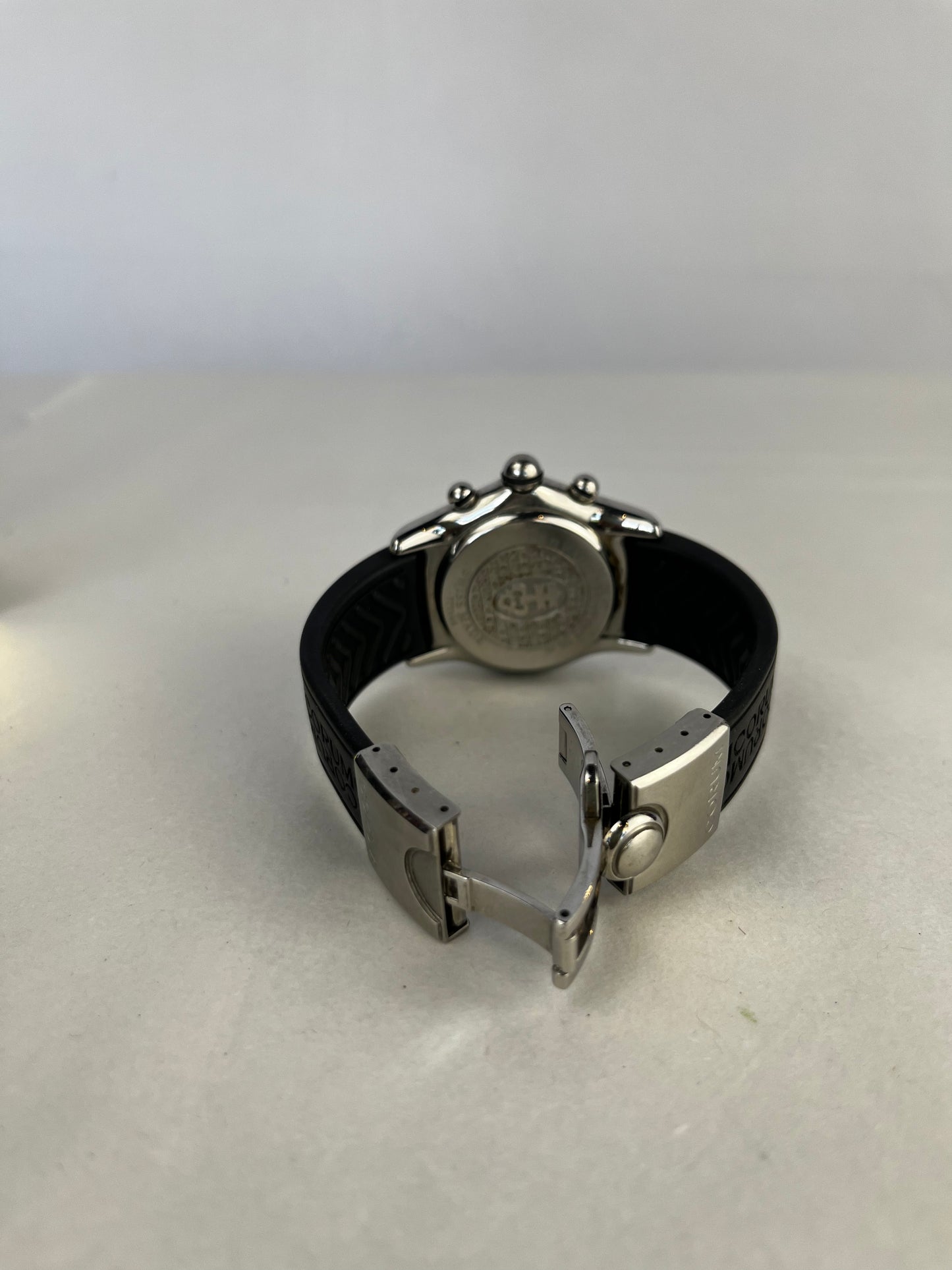 Corum Silver Toned Stainless Steel Blue Face Black Band Diamond Bezel Bubble Watch
