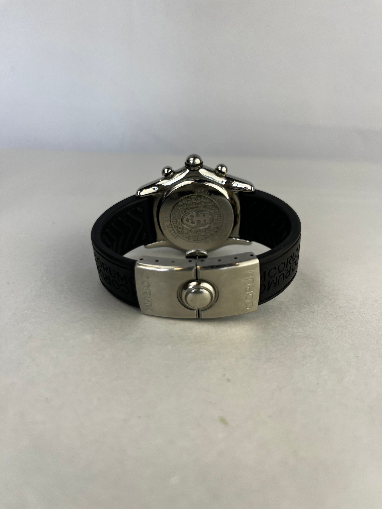 Corum Silver Toned Stainless Steel Blue Face Black Band Diamond Bezel Bubble Watch