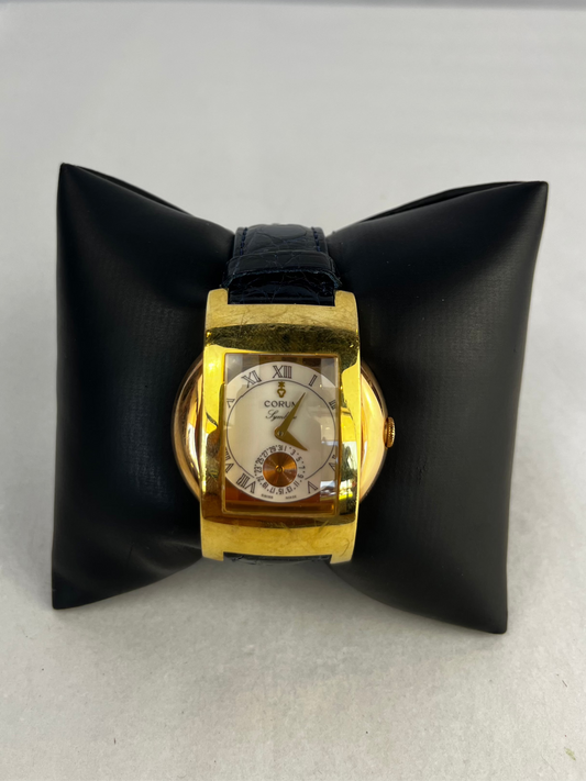 COMES W BOX - 1990's Corum 18k Two Tone Rose Gold & Gold "Symbiose" By R. Ventrella Automatic Watch w Black Leather Band