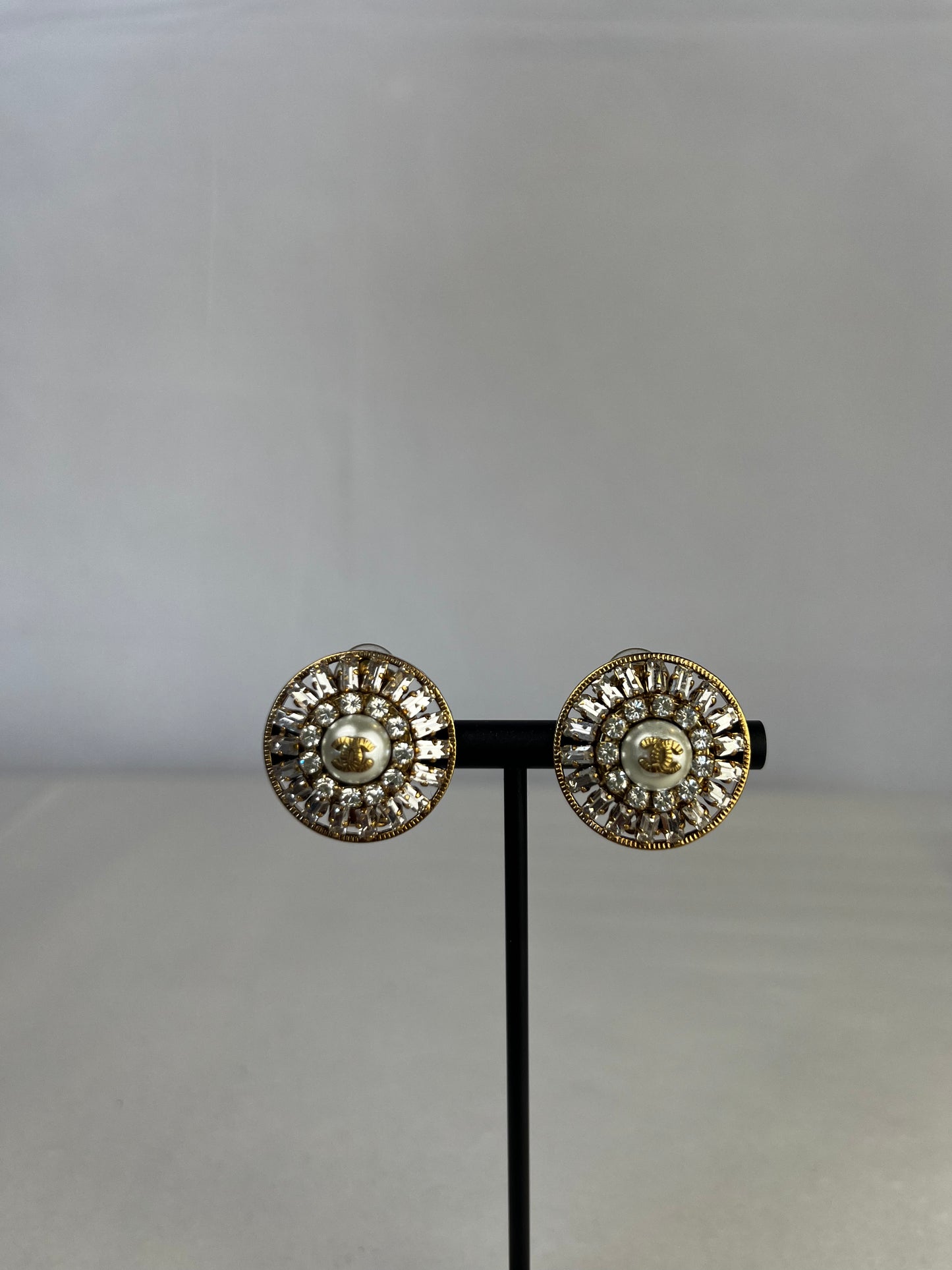 Chanel Gold Tiered Rhinestone Earrings w/ Faux Pearl Center & Double C Logo