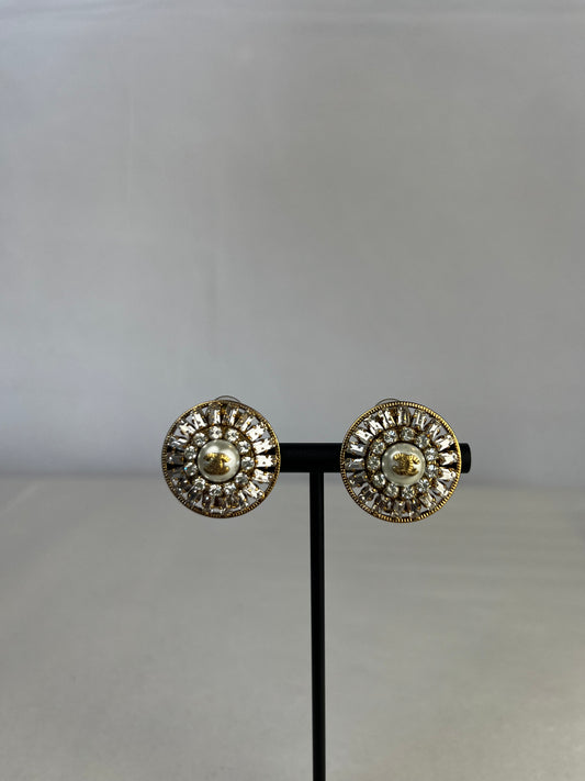 Chanel Gold Tiered Rhinestone Earrings w/ Faux Pearl Center & Double C Logo