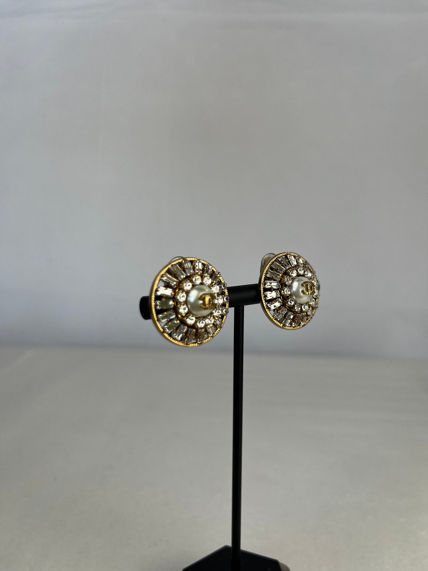 Chanel Gold Tiered Rhinestone Earrings w/ Faux Pearl Center & Double C Logo
