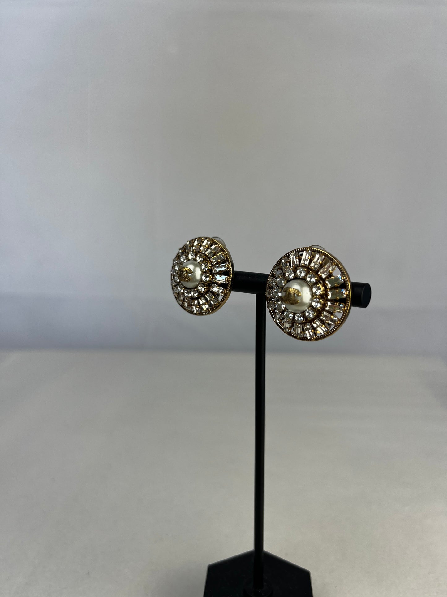 Chanel Gold Tiered Rhinestone Earrings w/ Faux Pearl Center & Double C Logo