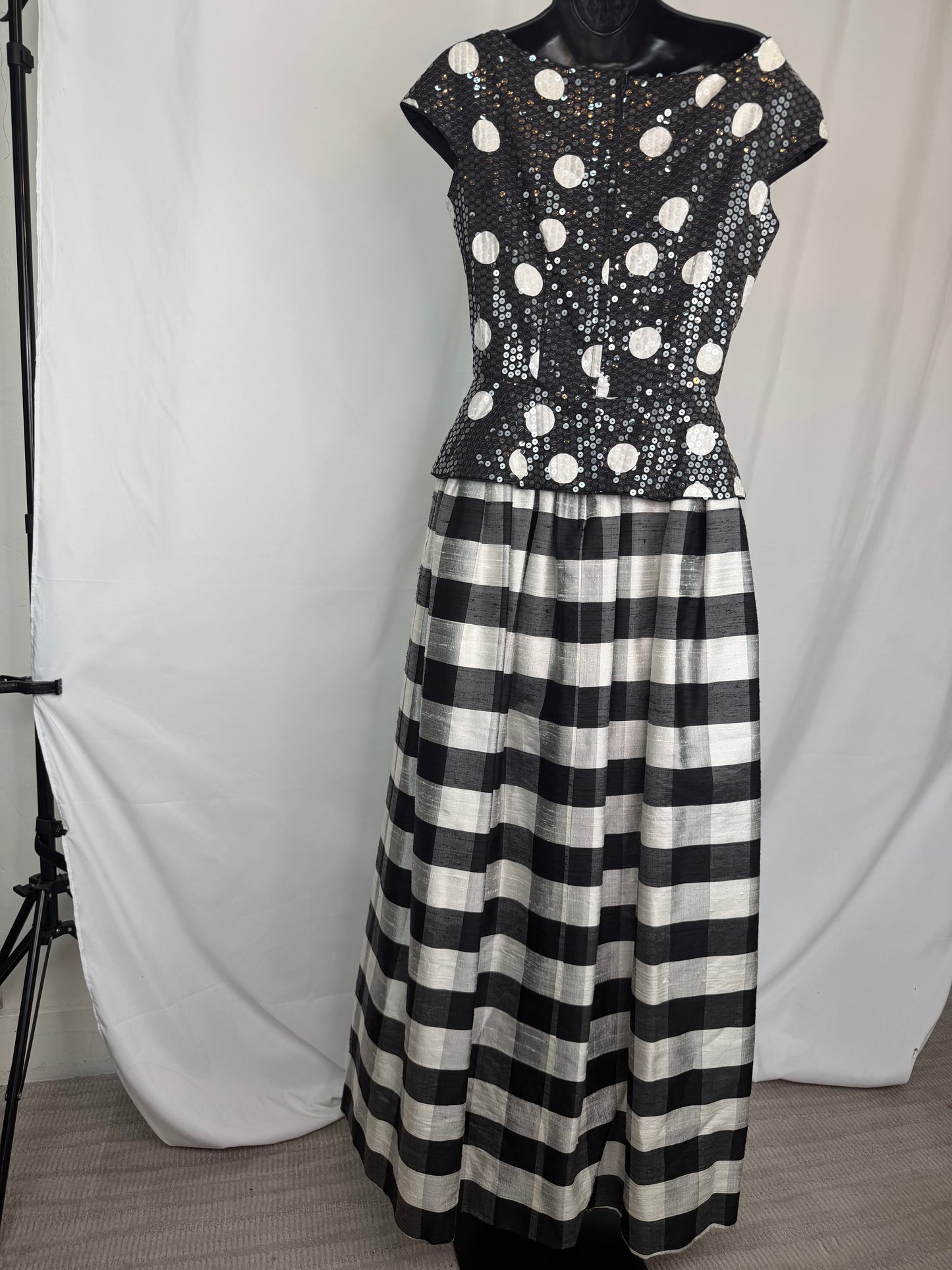 Saks Fifth Avenue Black & White Sequin Polka Dot Bodice Plaid Skirt Gown