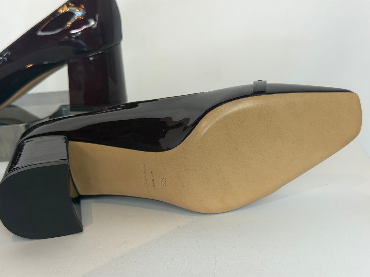 Ferragamo Patent Leather Burgundy Gold Logo Square Toe Block Heel Dress Loafer