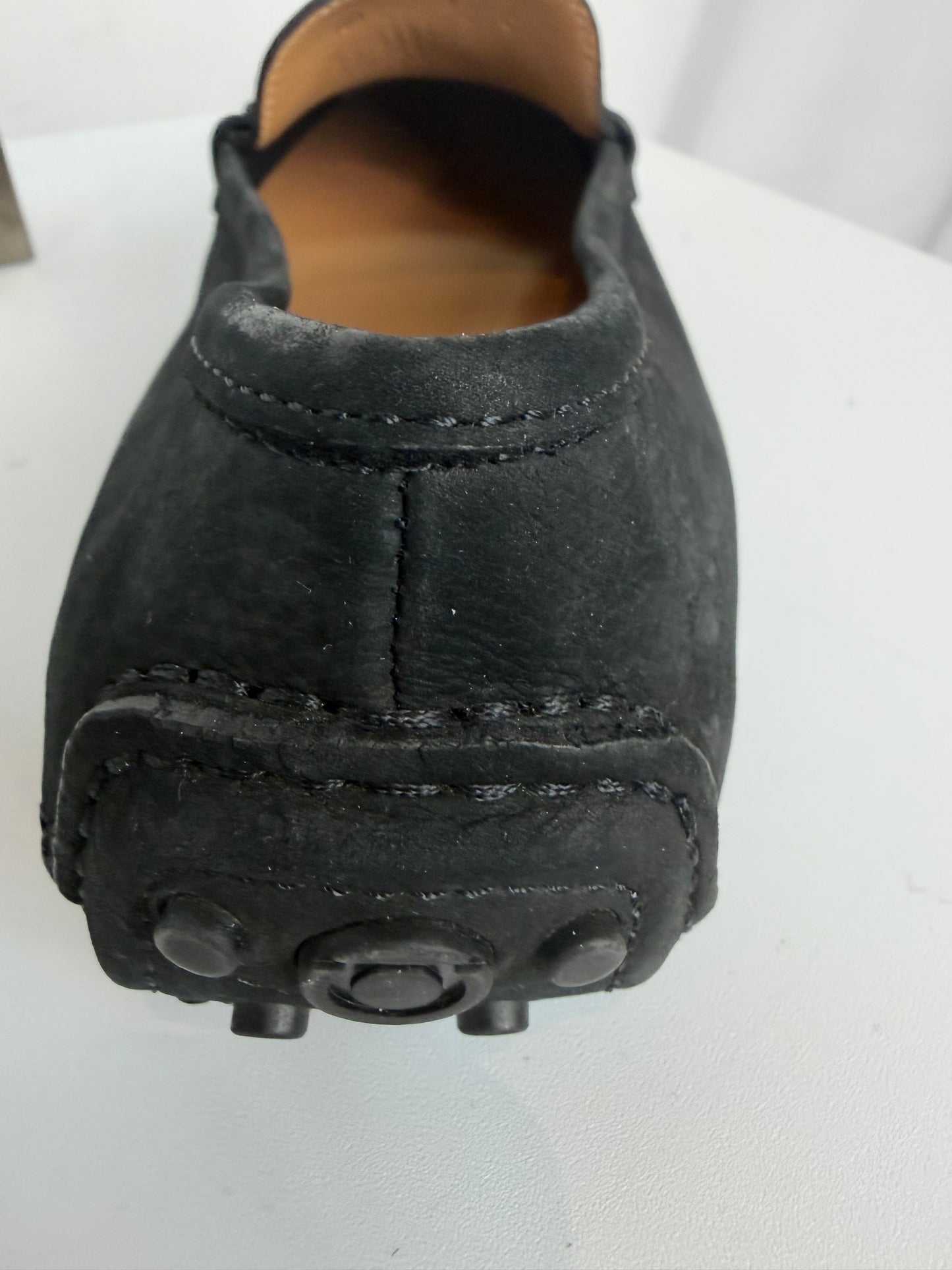 Ferragamo Soft Leather Black Moccasin Style Gold Logo Loafers