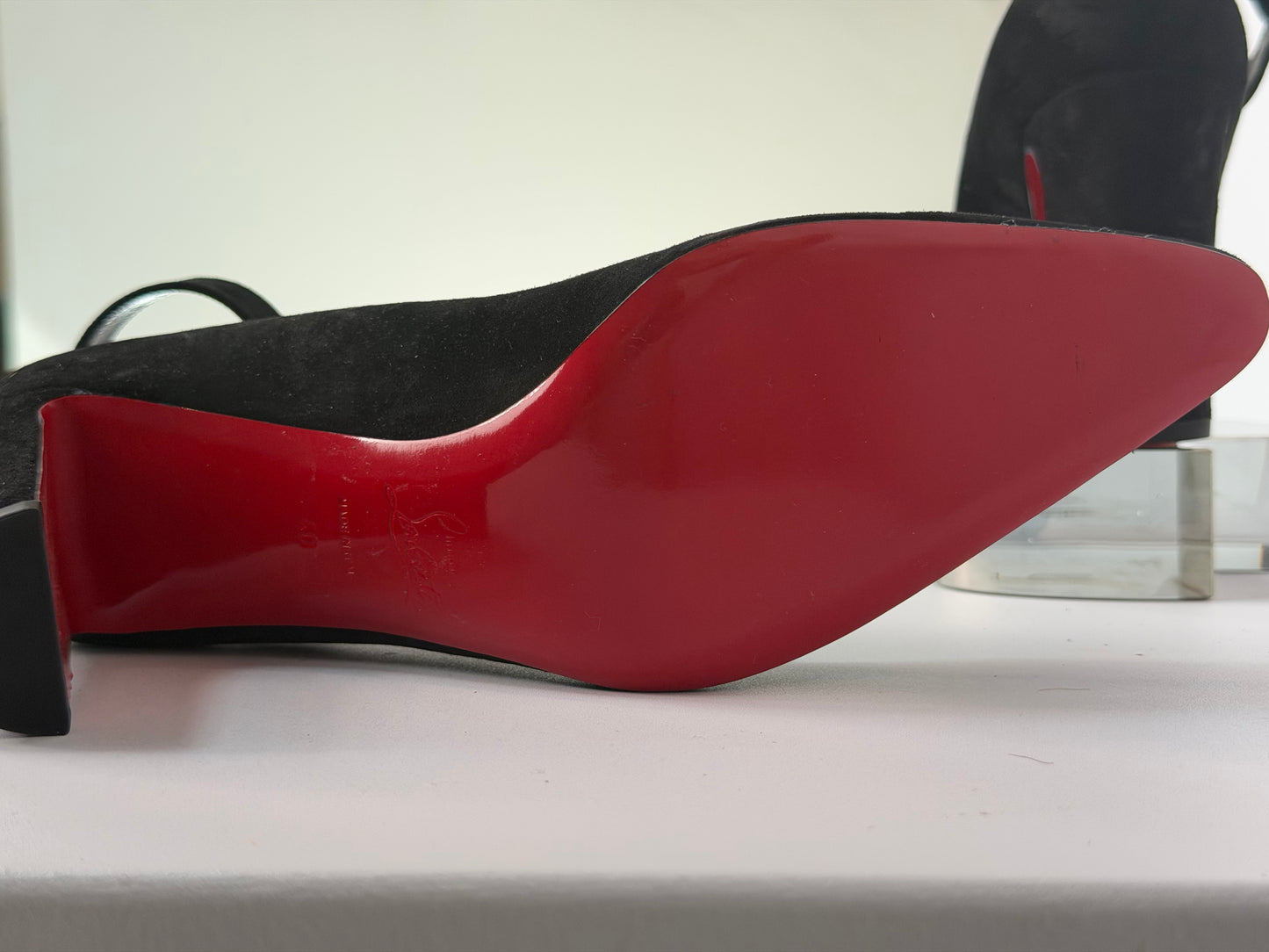 Christian Louboutin Suede Black "So Jane" Block Heel Ankle Buckle Pointed Heels