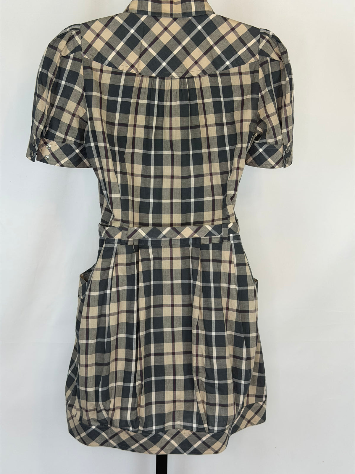 Burberry London Blue Label Neutral Check Pattern Short Sleeve Tie-Waist Mini Dress
