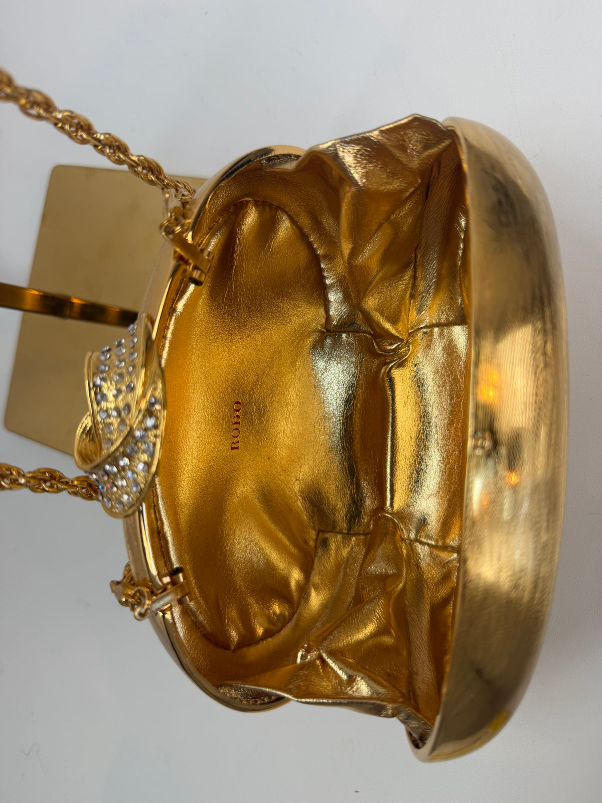 Rodo Italy 1970s Gold Hard Case Oval Rhinestone Embellished Top Clasp Gold Chain Clutch