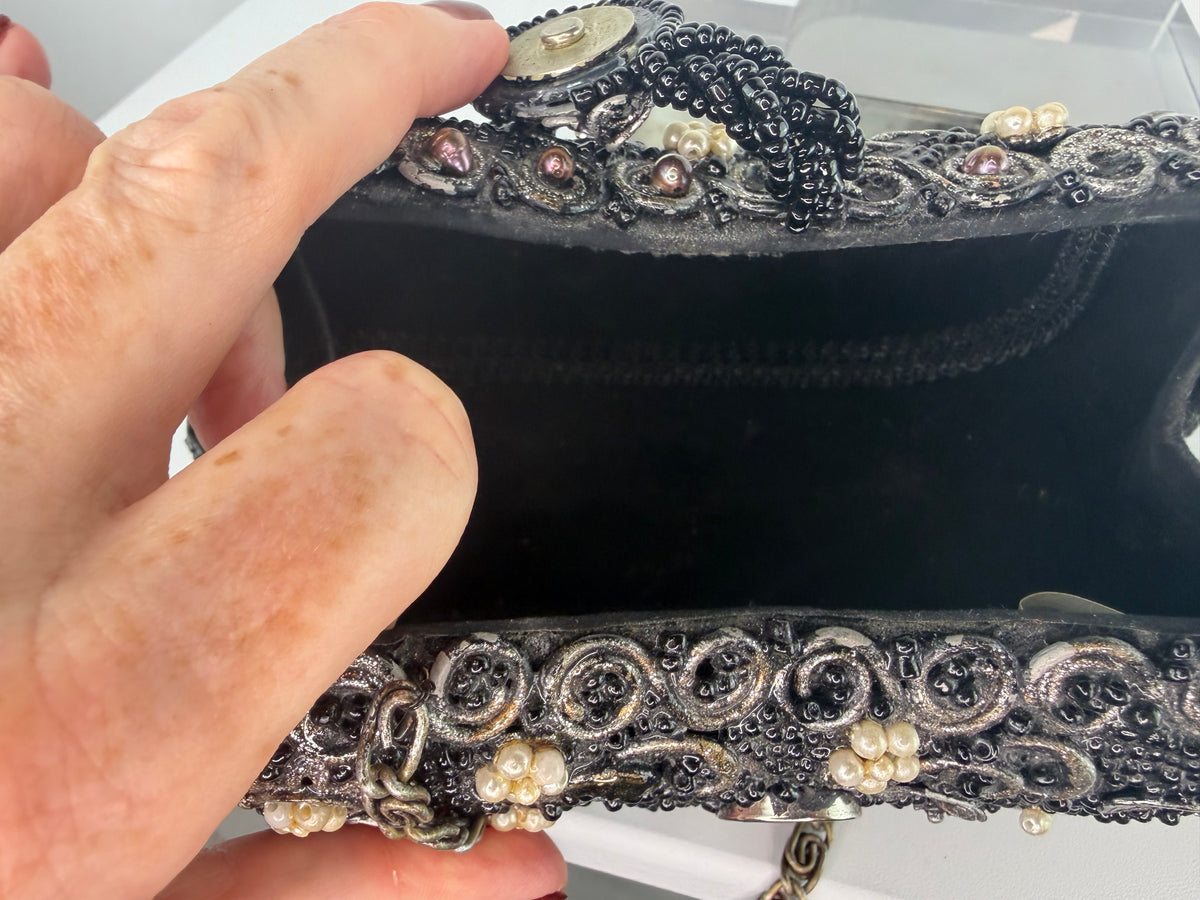 Mary Frances Black Beaded Evening Bag w/ White Flower Details