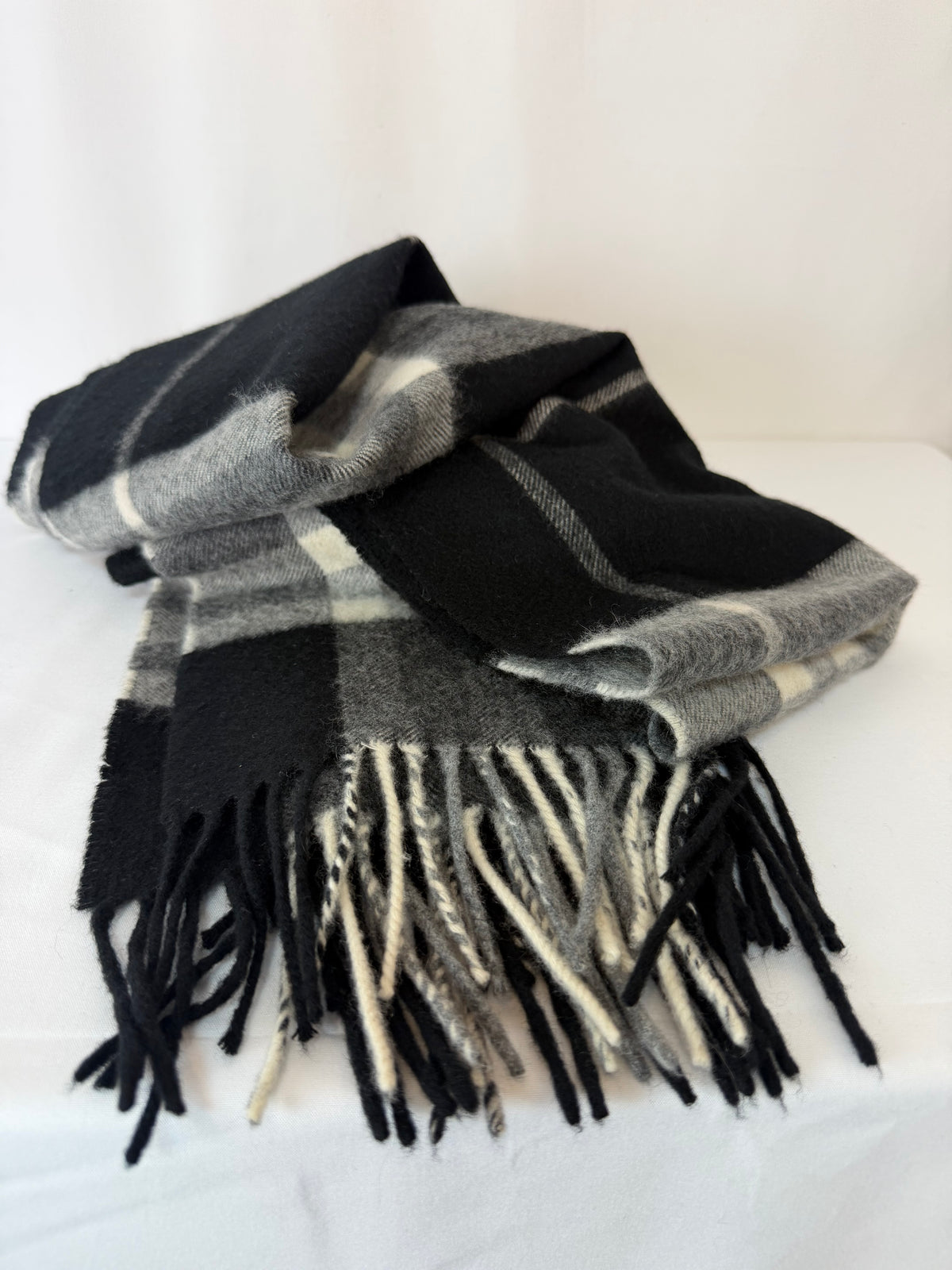 Burberry Cashmere Plaid Fringe Scarf