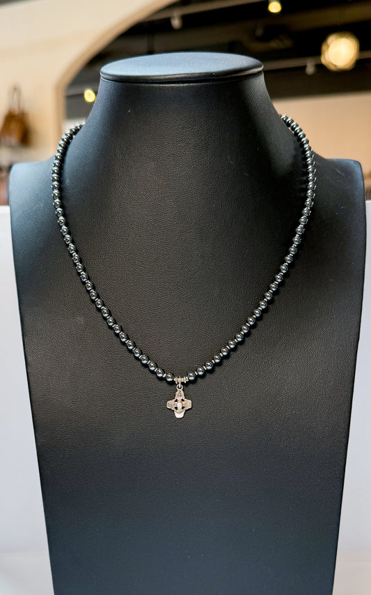 Lee Brevard 18K & Beaded Hematite Tiny Signature Cross with Stone Charm Pendant Necklace on