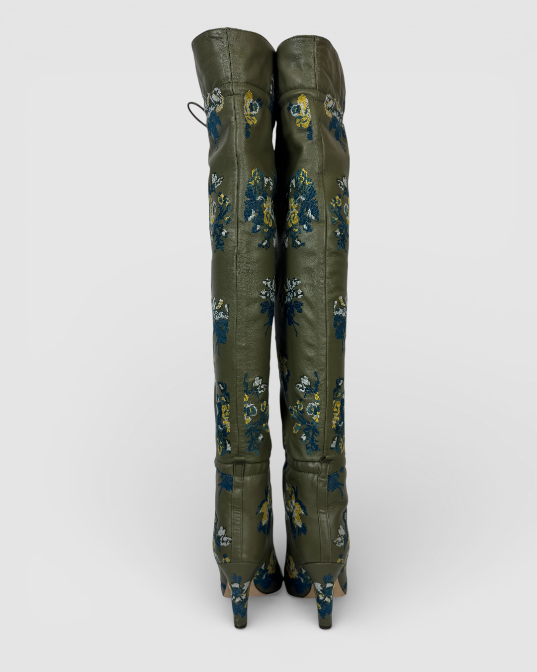 Tory Burch Olive Green w Blue Yellow Embroidered Floral Over-The-Knee "Scrunch" Boots