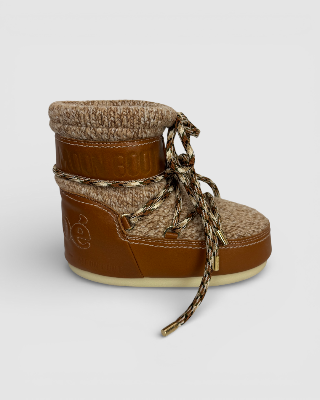 Chloe Brown Wool & Leather Lace Up Ankle High Moon Boot