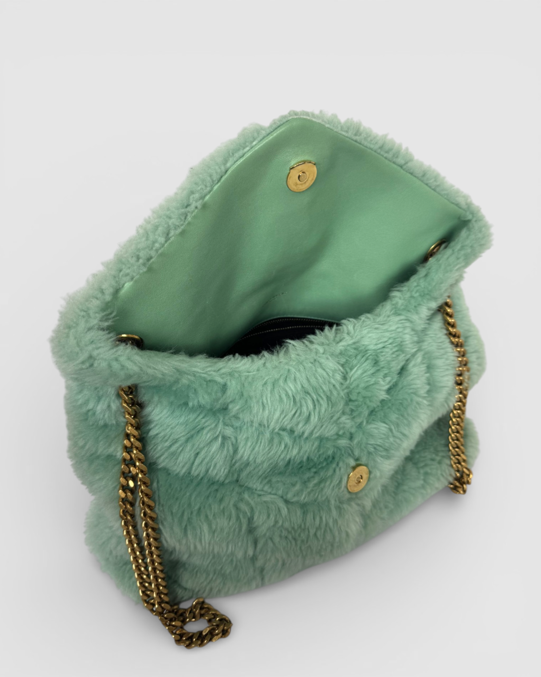 YSL Iced Mint "Loulou Puffer Shearling" Bag w Gold Chain