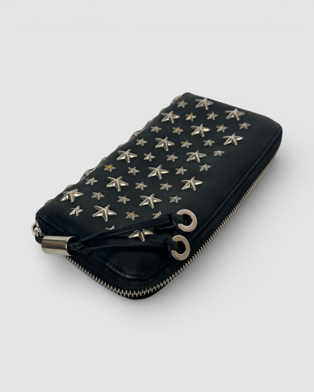 Jimmy Choo Black Leather Star-Studded Zip Around Wallet