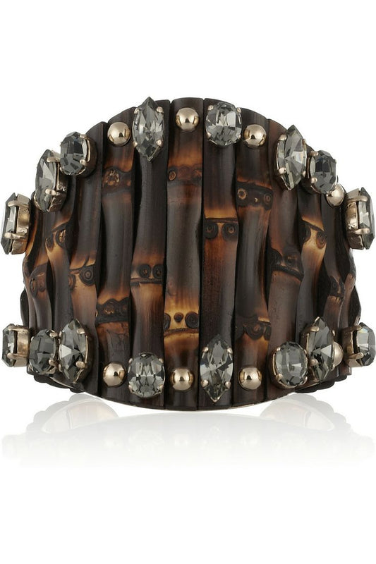 Gucci Genuine Bamboo & Blue Crystal Large Cuff Bracelet