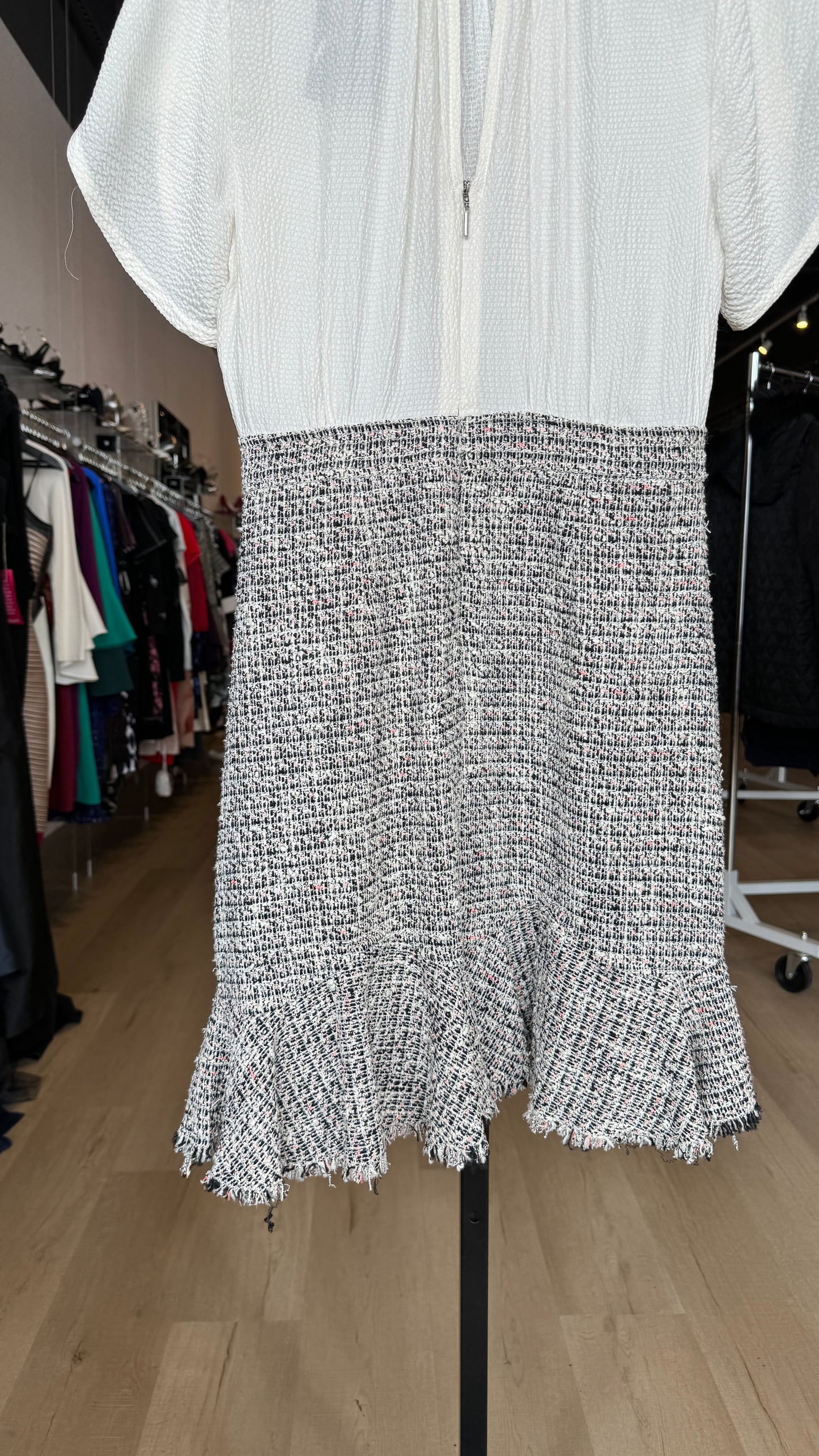 Rebecca Taylor Silk White & Multi Tweed Petal Short Sleeve Knee length Dress NWT