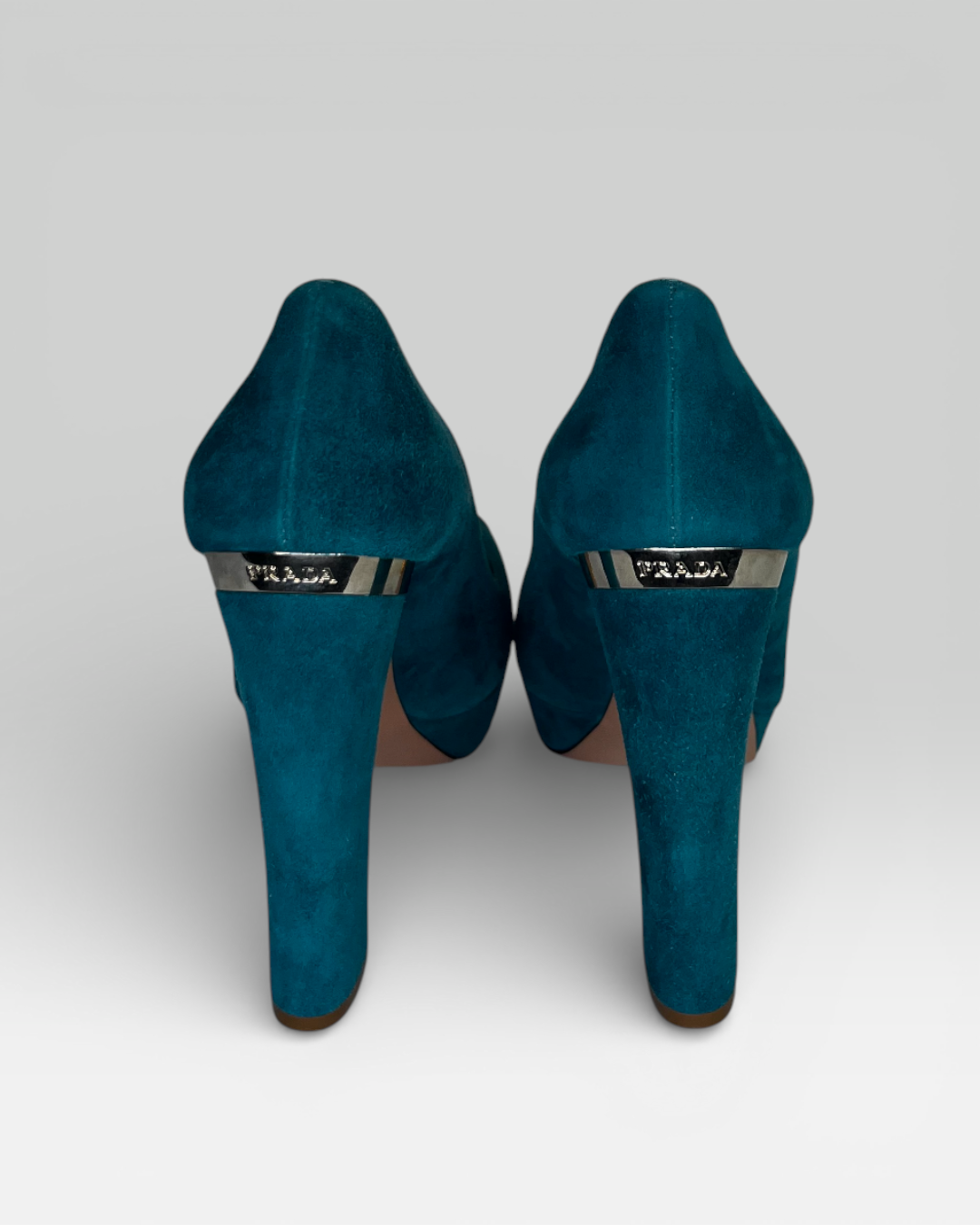 Prada Turquoise Suede Metal Cap Toe Block Heel Pumps