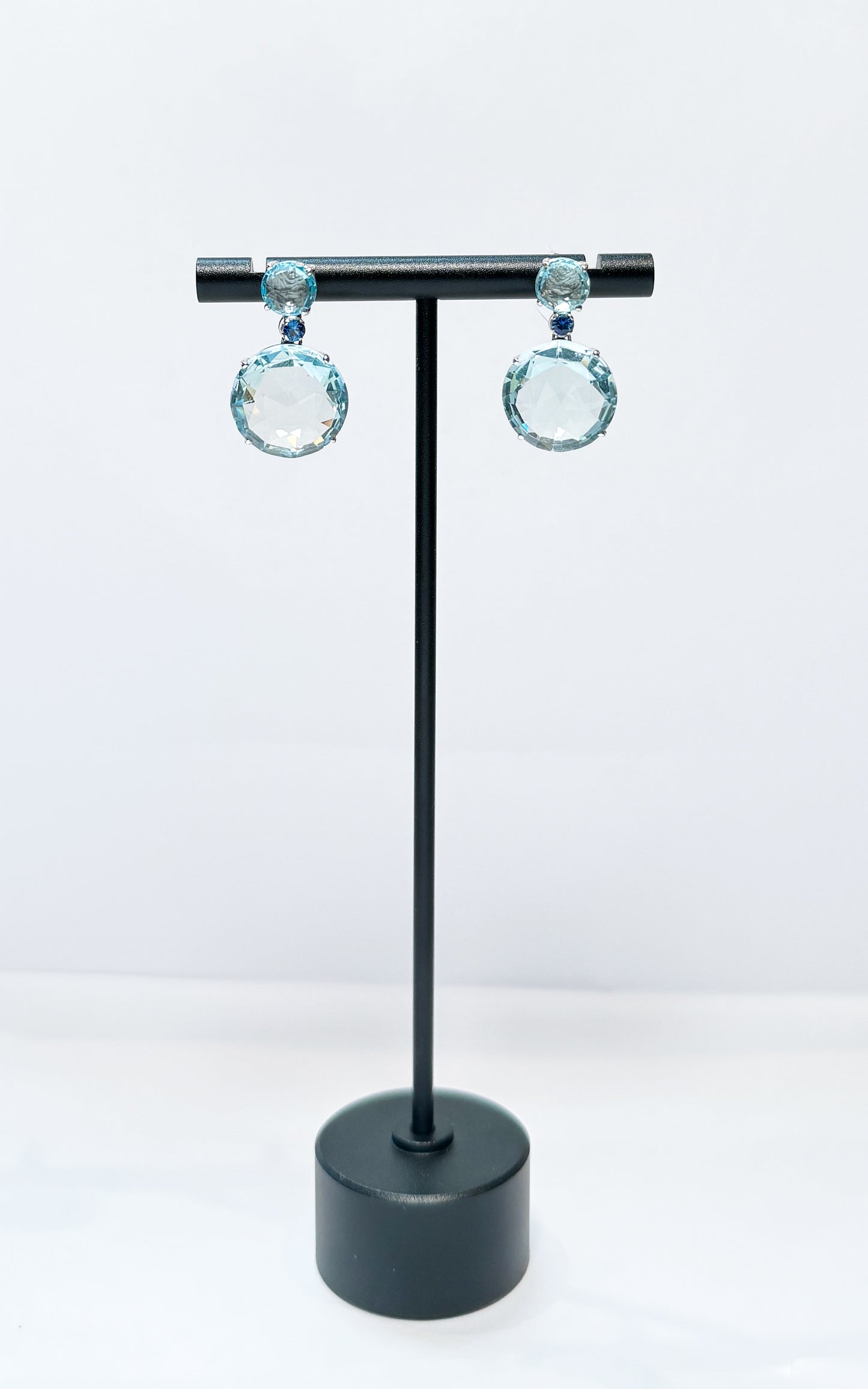 18K White Gold Blue Topaz & Blue Sapphire Circle Bouquet Drop Earrings