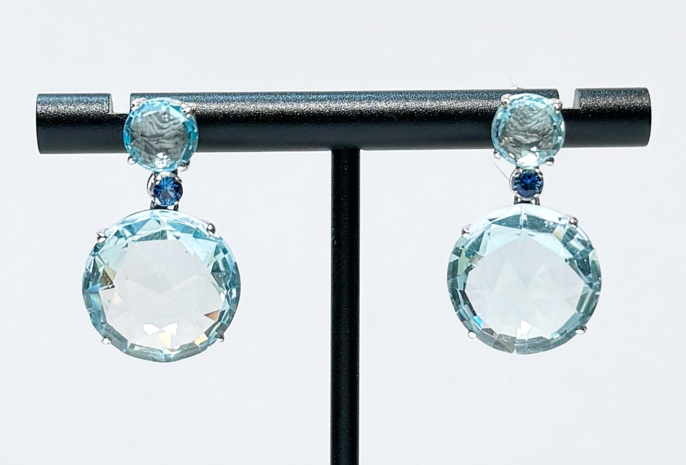 18K White Gold Blue Topaz & Blue Sapphire Circle Bouquet Drop Earrings