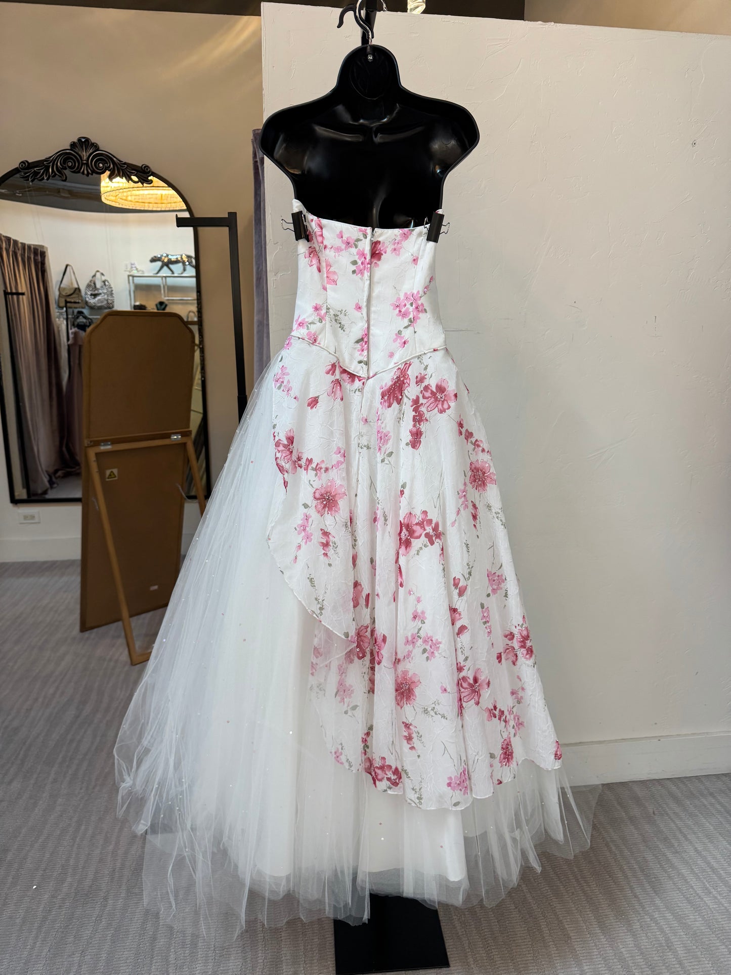 Mori Lee White w Pink Floral Beaded & Sequin Strapless Fitted & Flare Tulle Gown