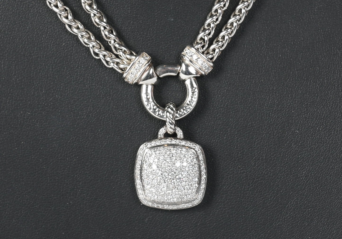 David Yurman Sterling Silver Diamond Pave Albion® Pendant, 17mm on Sterling Silver Double Wheat Chain Necklace with Diamonds, 4mm - 18"