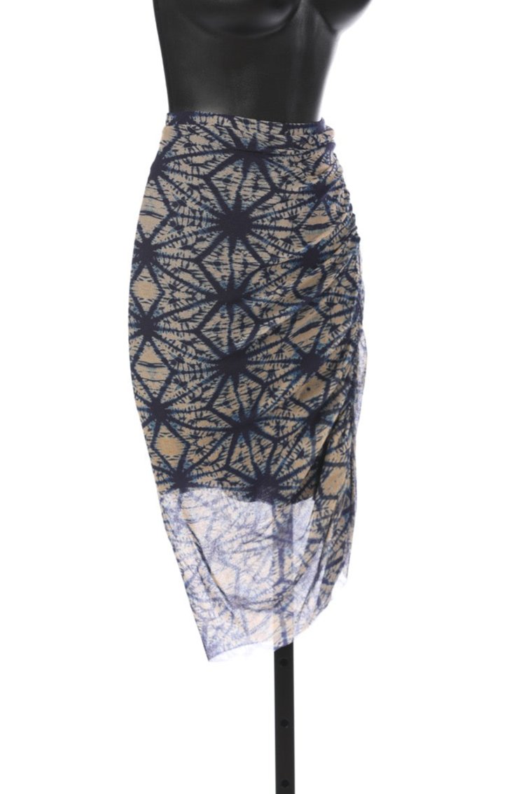 Jean Paul Gaultier Blue & Tan Sunburst Pattern Mesh Midi Skirt (PART OF SET)