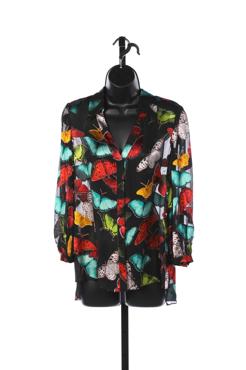 Alice + Olivia Black Sheer Long Sleeve Button Down Blouse w/ Butterflies NWT