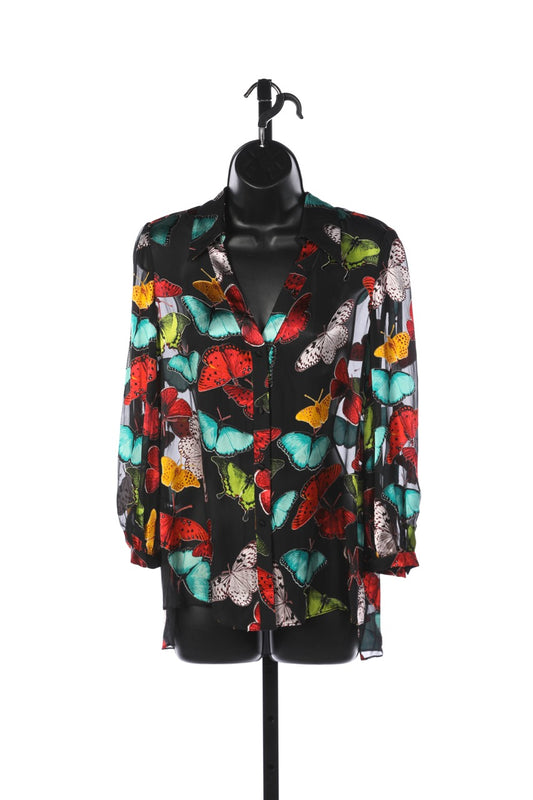 Alice + Olivia Black Sheer Long Sleeve Button Down Blouse w/ Butterflies NWT
