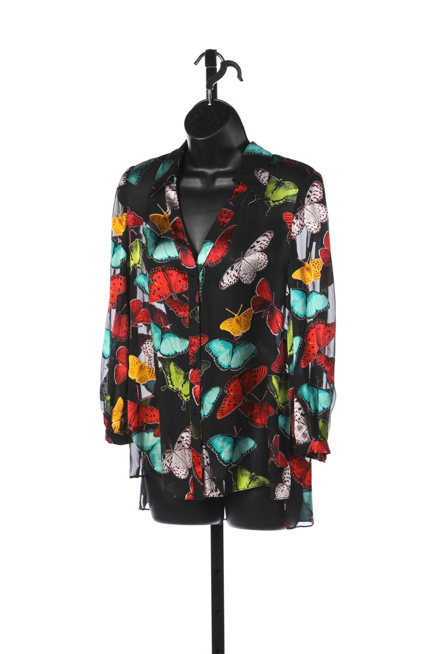 Alice + Olivia Black Sheer Long Sleeve Button Down Blouse w/ Butterflies NWT