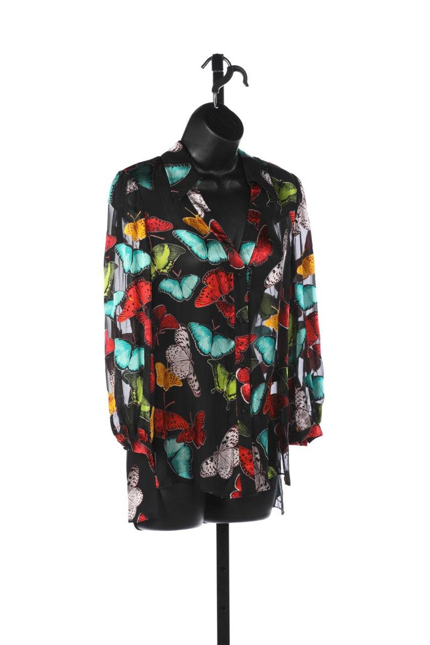 Alice + Olivia Black Sheer Long Sleeve Button Down Blouse w/ Butterflies NWT