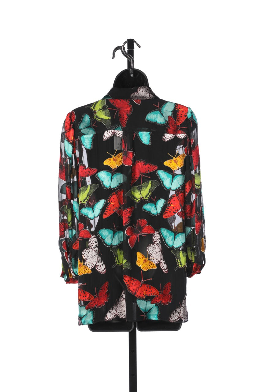 Alice + Olivia Black Sheer Long Sleeve Button Down Blouse w/ Butterflies NWT