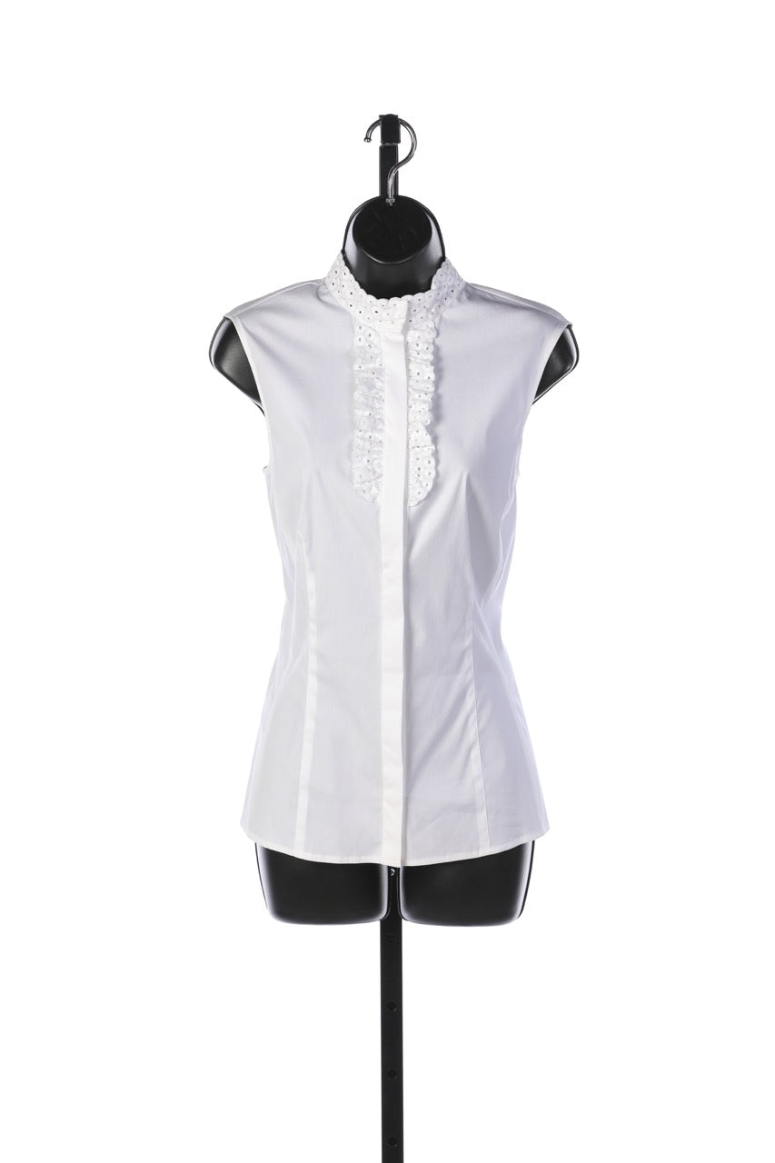 Rena Lange White Button Up Sleeveless Blouse w Ruffle Detail on Collar NWT