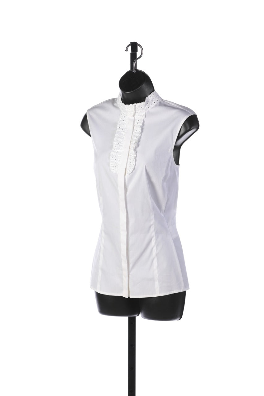 Rena Lange White Button Up Sleeveless Blouse w Ruffle Detail on Collar NWT