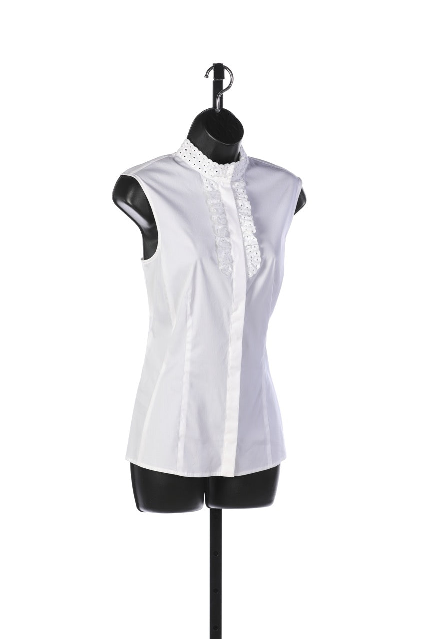 Rena Lange White Button Up Sleeveless Blouse w Ruffle Detail on Collar NWT
