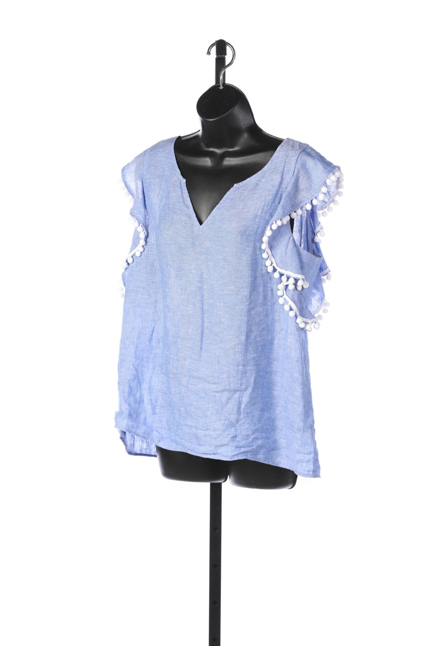 Lilly Pulitzer Linen Purple Cap Ruffle Sleeve Top w White Ball Tassels