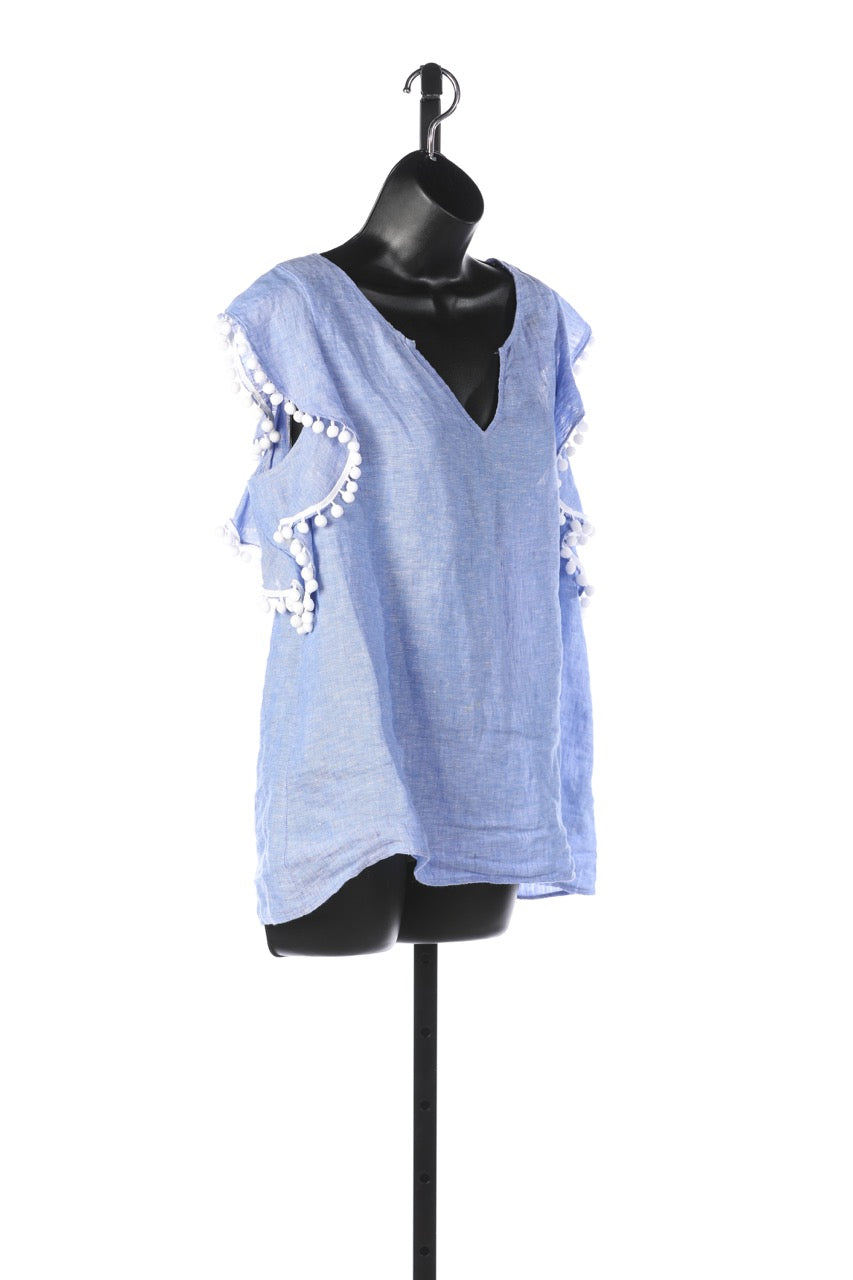 Lilly Pulitzer Linen Purple Cap Ruffle Sleeve Top w White Ball Tassels