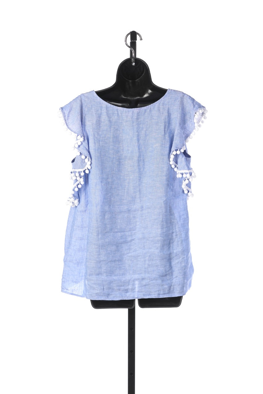 Lilly Pulitzer Linen Purple Cap Ruffle Sleeve Top w White Ball Tassels