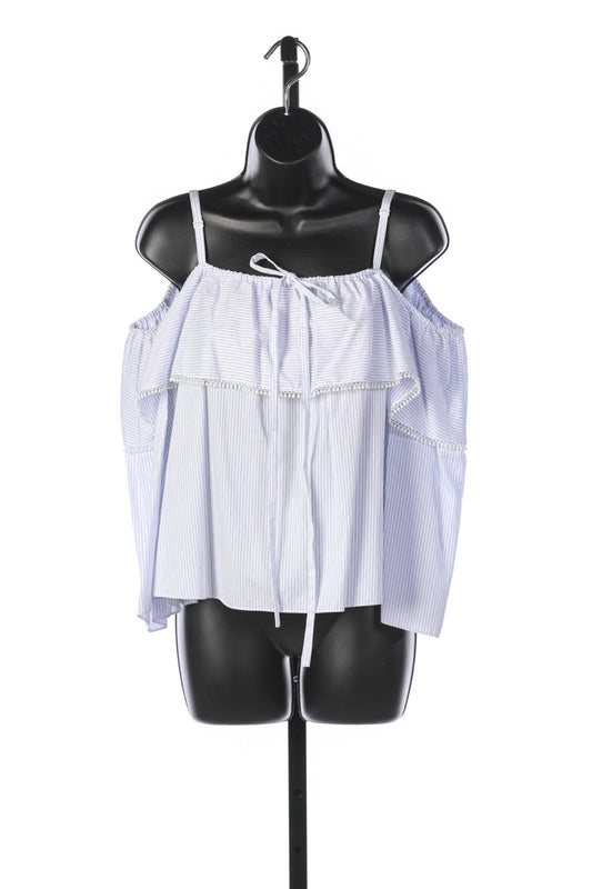 Jonathan Simkhai White & Blue Striped Off-The-Shoulder Long Sleeve Top