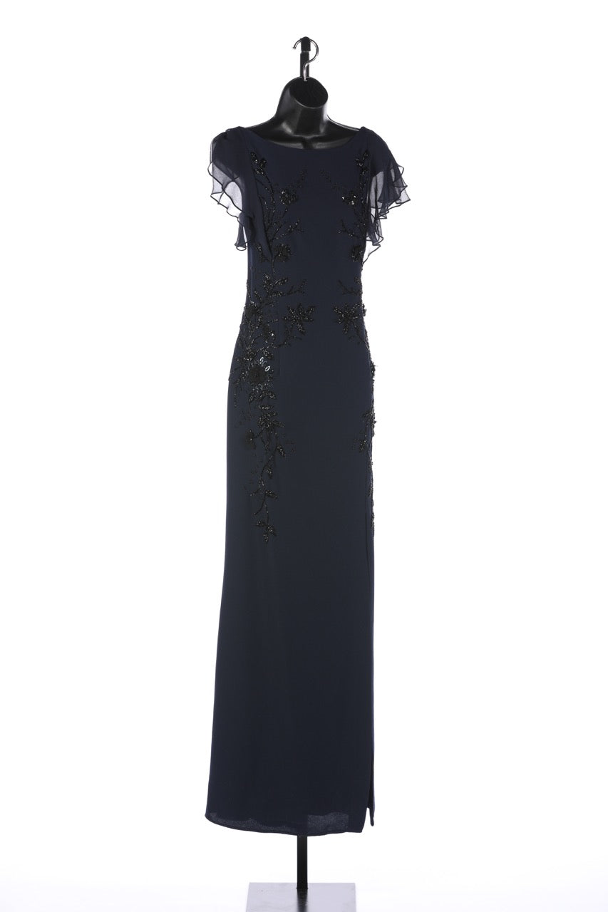 Teri Jon Navy  & Black Beaded Cap Chiffon Sleeve Full-Length Dress