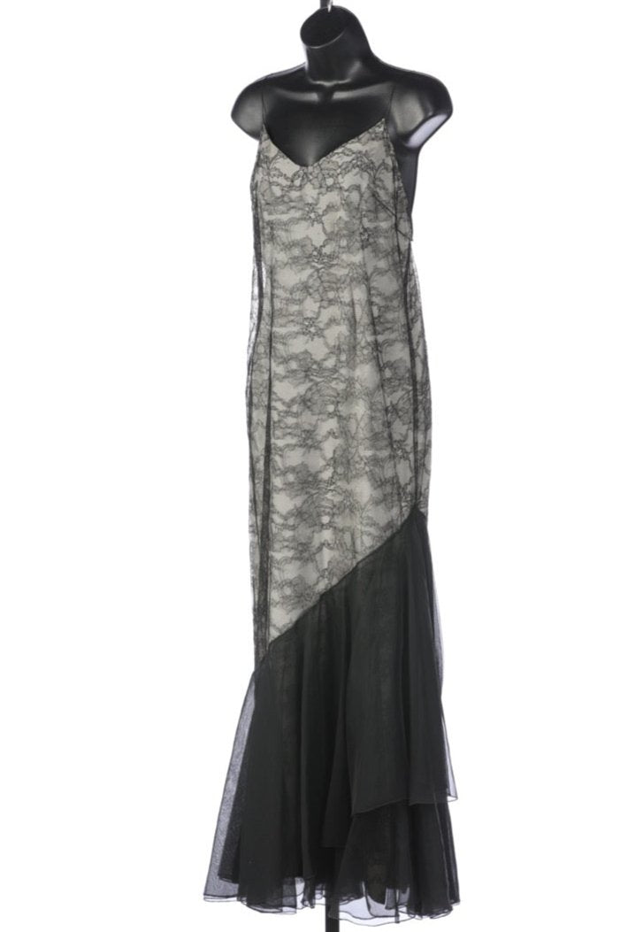 Chanel Black Lace Sleeveless Full-Length Dress with Chiffon Flare Hem