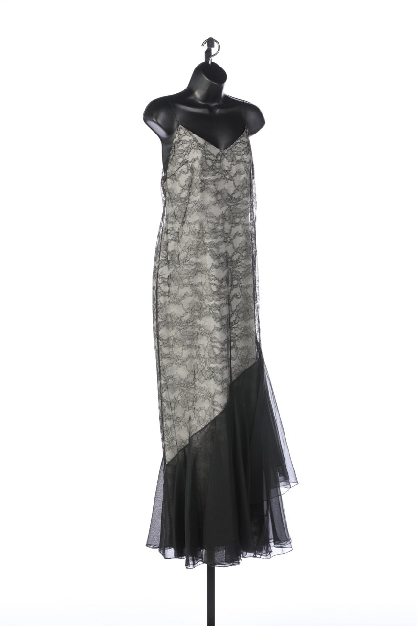 Chanel Black Lace Sleeveless Full-Length Dress with Chiffon Flare Hem