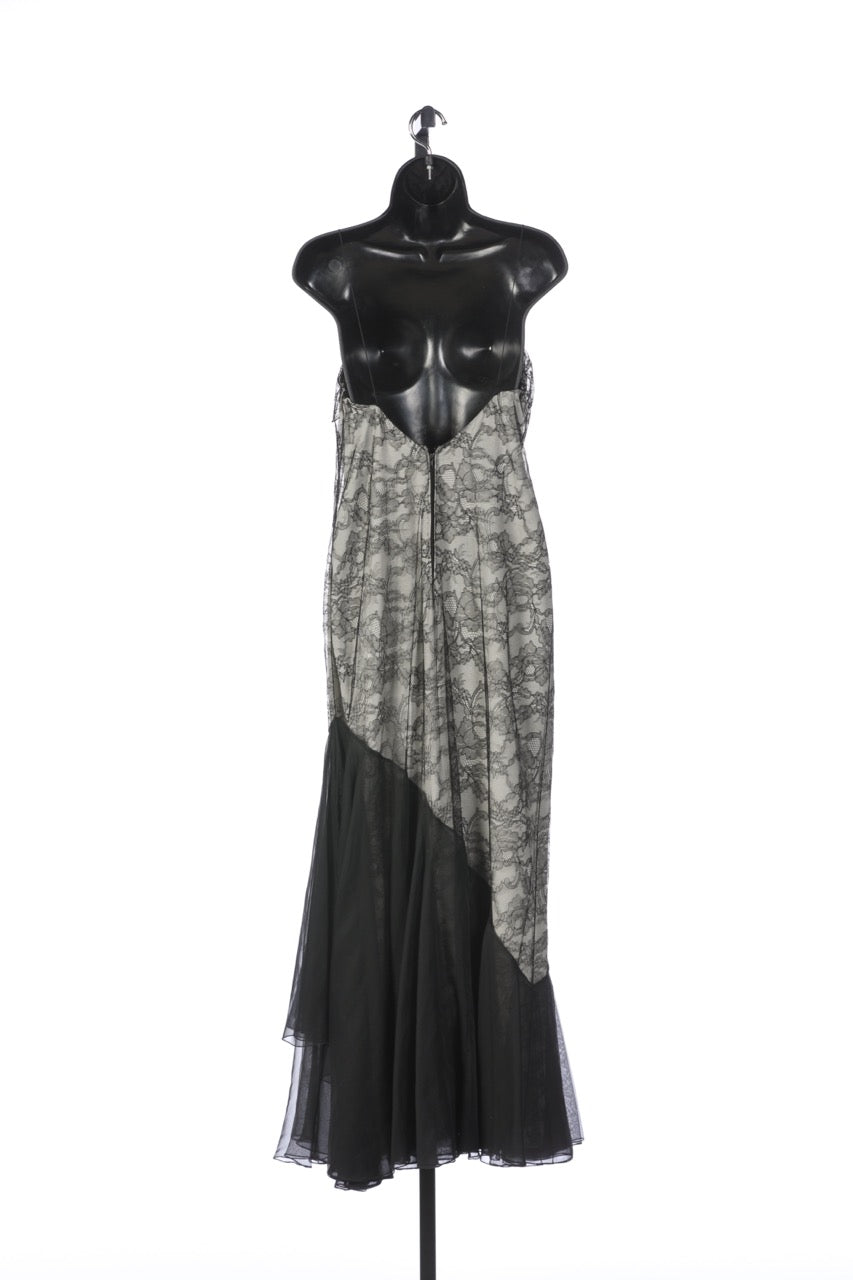 Chanel Black Lace Sleeveless Full-Length Dress with Chiffon Flare Hem