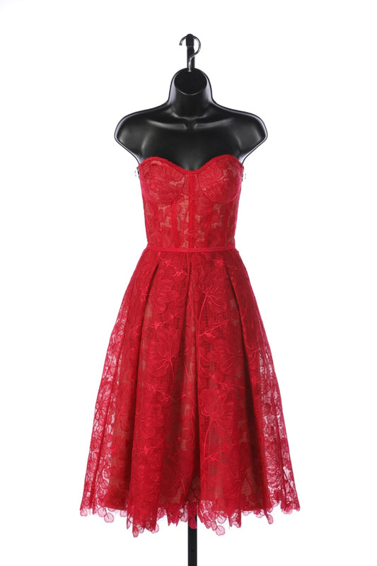 COMES W BOX - Nadine Merabi Red Floral Lace Strapless Corset Top/Pleated Skirt Knee-Length Dress