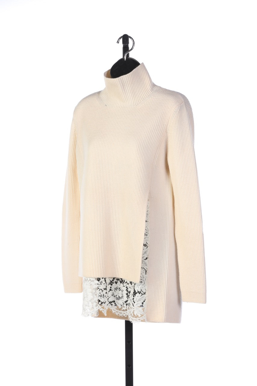 Valentino Cream Turtle Neck Long Sleeve Sweater with Attached Lace Layer