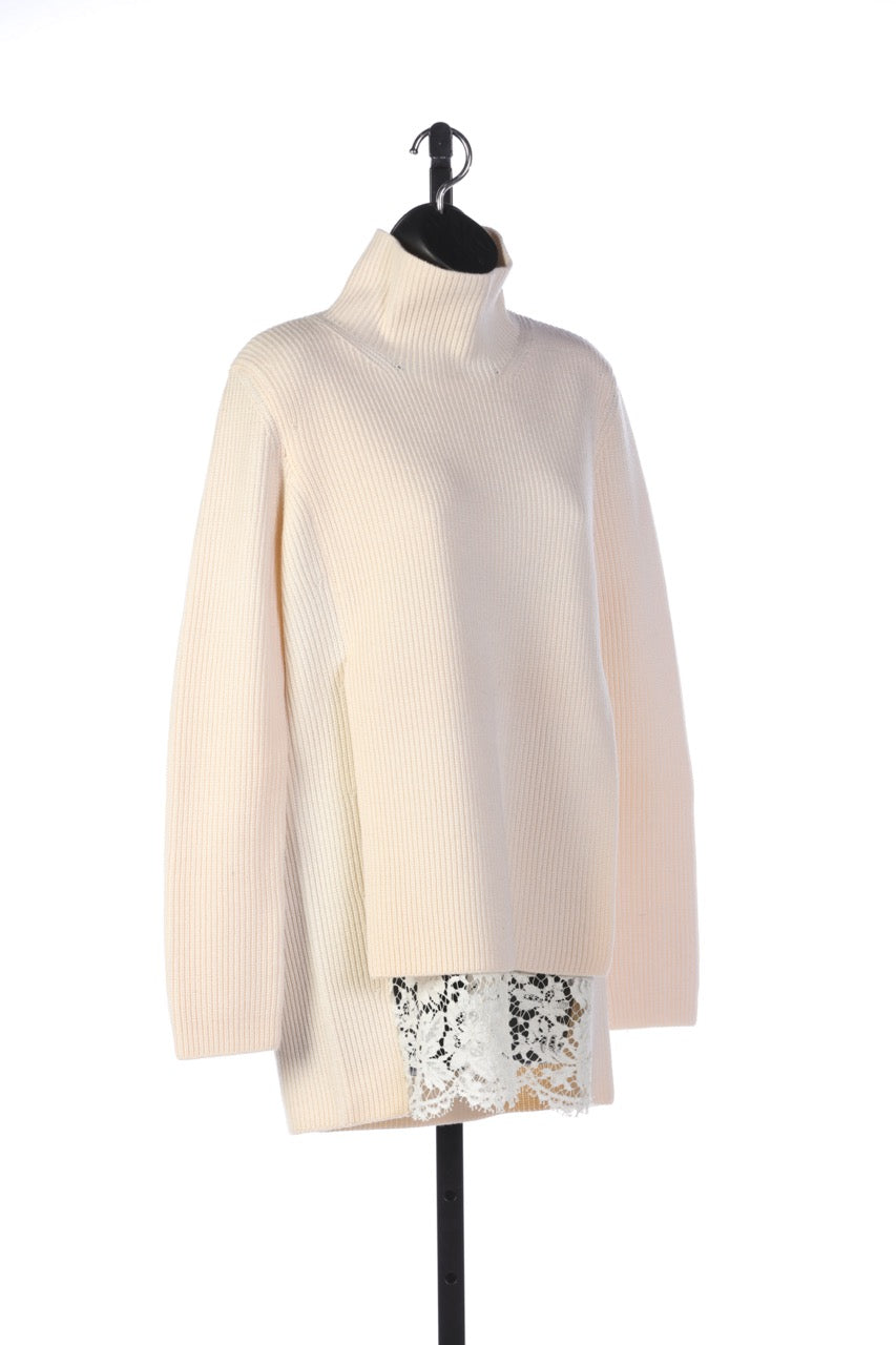 Valentino Cream Turtle Neck Long Sleeve Sweater with Attached Lace Layer