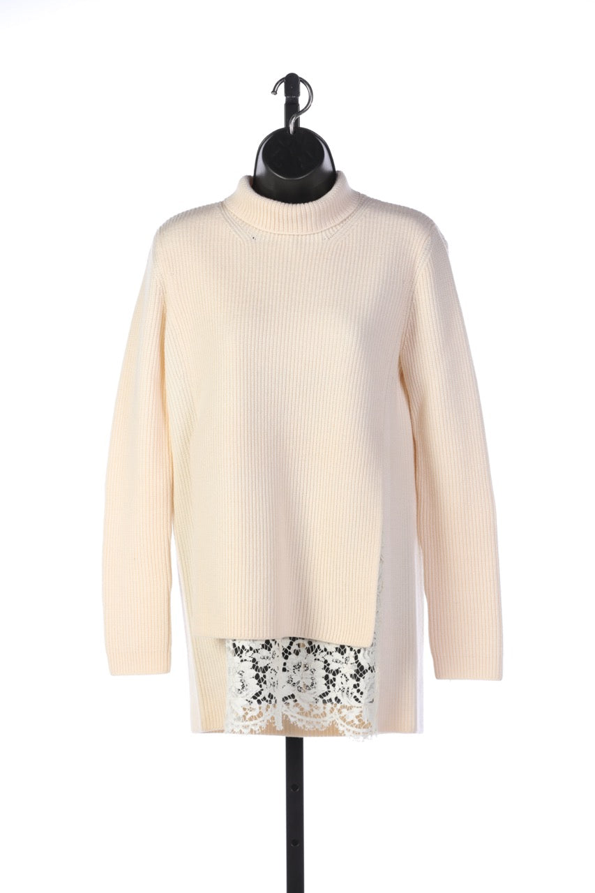 Valentino Cream Turtle Neck Long Sleeve Sweater with Attached Lace Layer
