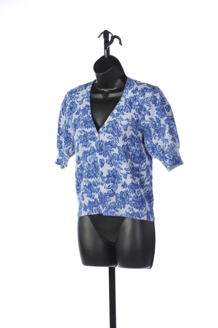 Derek Lam Light Blue w Dark Blue Floral Half-Sleeve Button Neck Sweater