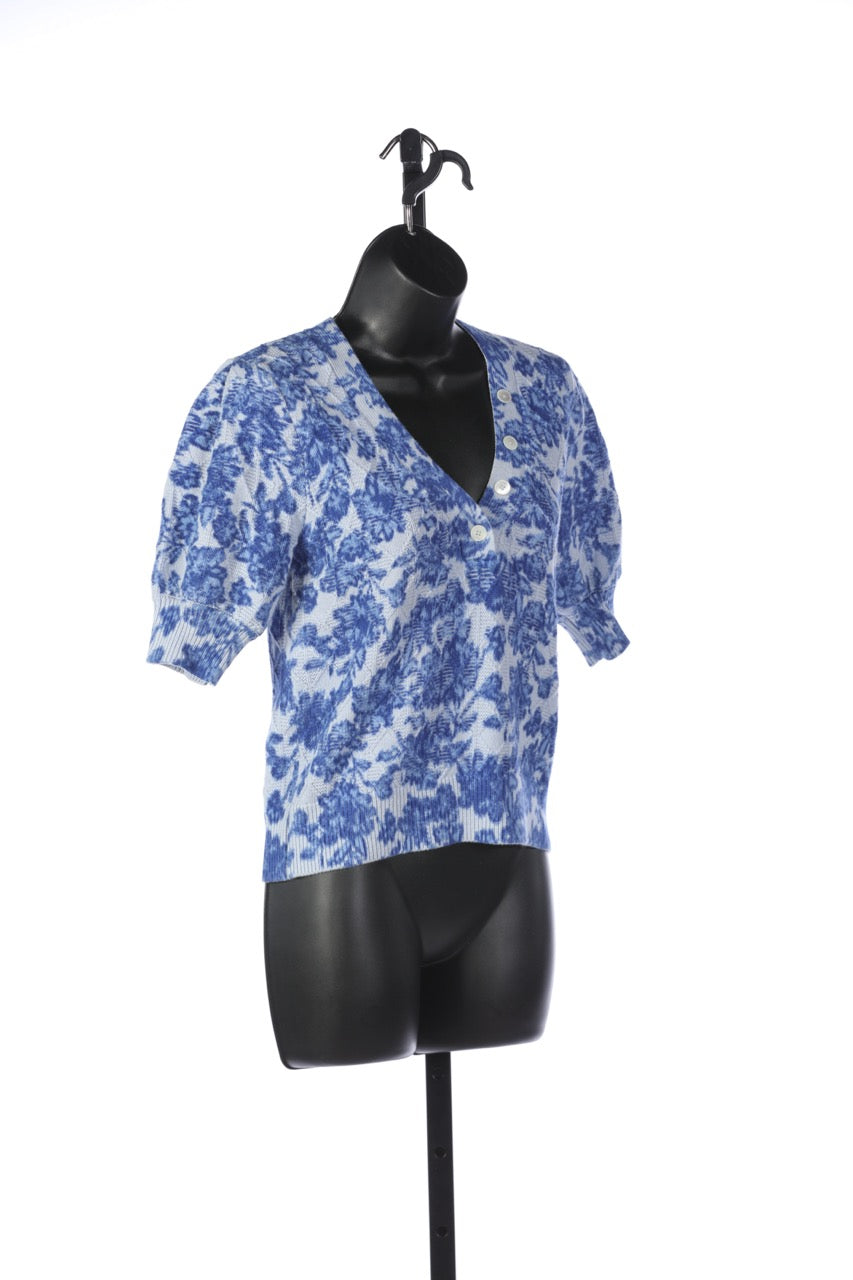 Derek Lam Light Blue w Dark Blue Floral Half-Sleeve Button Neck Sweater